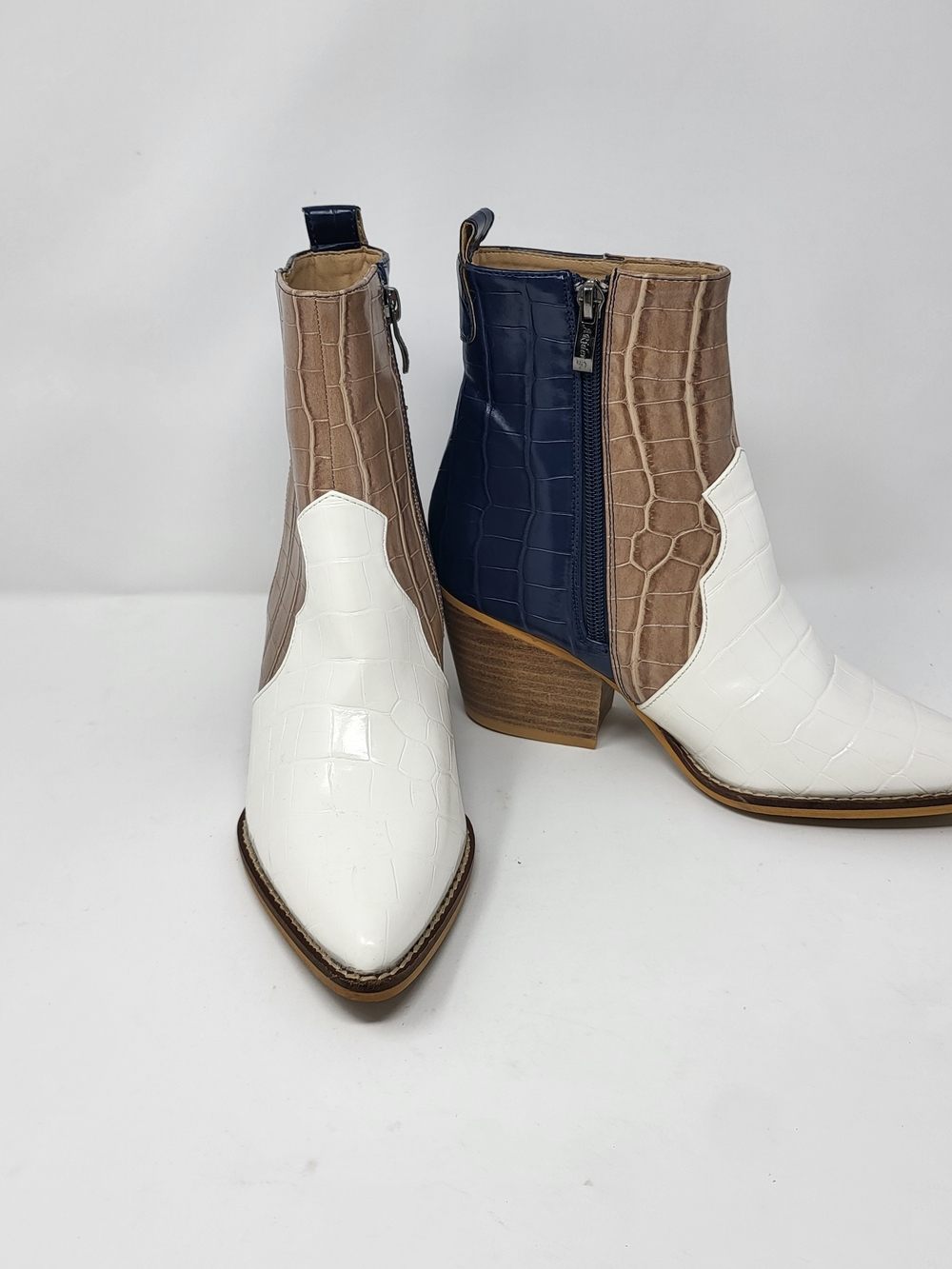 Colorblock Croc-Embossed Ankle Bootie in White, Tan & Navy